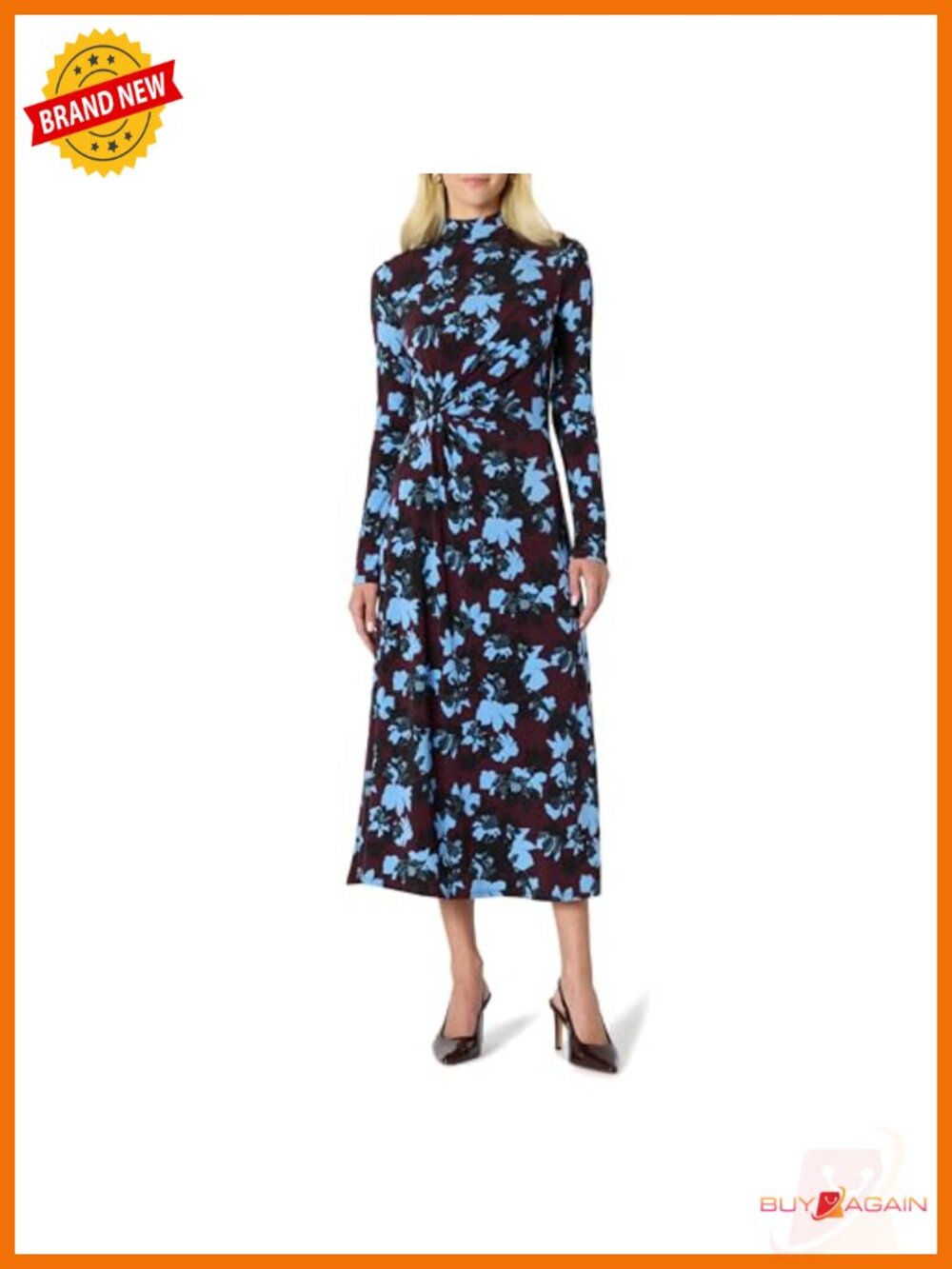 Women's Fit and Flare Long Sleeve Maxi Dress Stretch Jersey Mock Neck